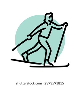 Skier black line icon. Skiing in winter. Pictogram for web page, mobile app, promo.