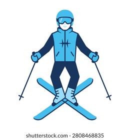 A skier in blue jacket and helmet skiing down a snowy slope recreationally with ski poles
