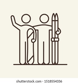 Skier and boarder line icon. Winter, skis, board, sport. Winter sport concept. Vector illustration can be used for topics like winter, sport, activity