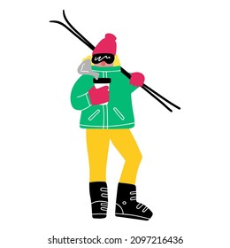 Ein Skifahrer in hellen Kleidern ruht nach dem Skifahren und Kaffee trinken. Haltet Skis auf der Schulter. Vektorgrafik im handgezeichneten Stil.