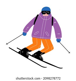 A skier in bright clothes rides down the slope. Vector illustration in hand drawn style.