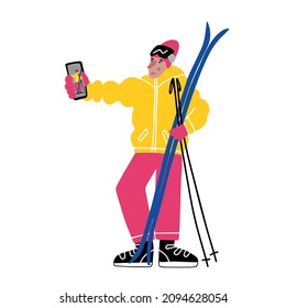 A skier in bright clothes takes a selfie. Vector illustration in hand drawn style.
