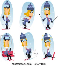 Skier Cartoon Action Set