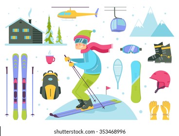 Skier cartoon character and skiing equipment infographics.