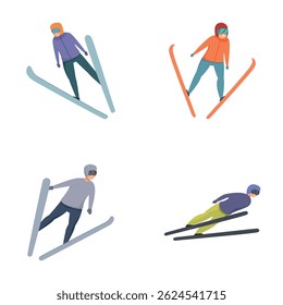 Skier character icons set cartoon vector. Ski jumping athlete. Winter sport