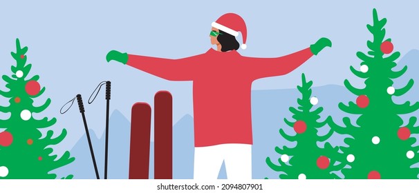 Skier with Christmas tree, Christmas decor. Flat vector stock illustration. Ski resort in winter. A holiday in the mountains. Christmas profitable, active extreme sports.