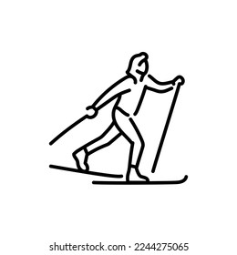 Skier color line icon. Skiing in winter Alps. Vector illustration