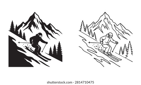 skier descending snowy mountain with pine trees and peaks featuring skiing, snow, peak
