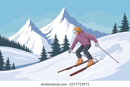 Skier descending snowy slope with mountain background. Vector illustration