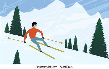 Skier descends from a mountain in the background of snow mountains and firs - art creative illustration vector