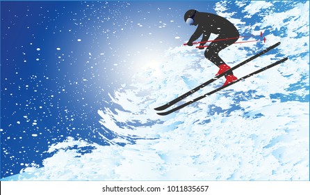Skier descends from the mountain in a whirlwind of snow - vector art illustration.