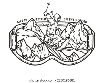 A skier descends a snowy mountain in goggles. A winter extreme active sport. Printable print about skiing