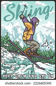 A skier descends a snowy mountain. A winter extreme active sport. A vertical poster about a ski holiday