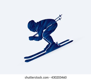 Skier designed using blue grunge brush graphic vector.