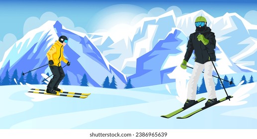 Skier doing outdoor activity. Picturesque mountain landscape, extreme sport recreation. Winter holiday resort. Snowy weather. Pine forest, high peak, cross downhill. Ski action. Vector illustration