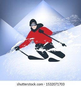 Esquí - descenso - paisaje de montaña, torbellino de nieve - ilustración, vector. Deporte de invierno.Esquí. Estilo libre.