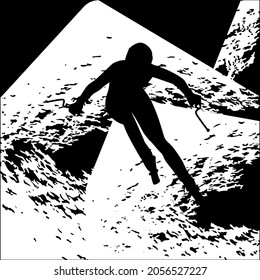 Skier downhill from the mountains - black-white abstract background in grunge style, vector. Winter sports. Tourism. Travel