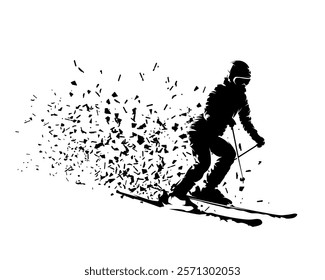 Skier, downhill skiing, isolated vector silhouette with dispersion effect, side view