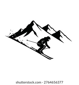 A skier in dynamic motion on a snowy slope with majestic mountain peaks in the background.