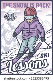 Skier is enjoying skiing downhill on a snowy mountain with a vintage look. This illustration is perfect for a poster or any winter sports design