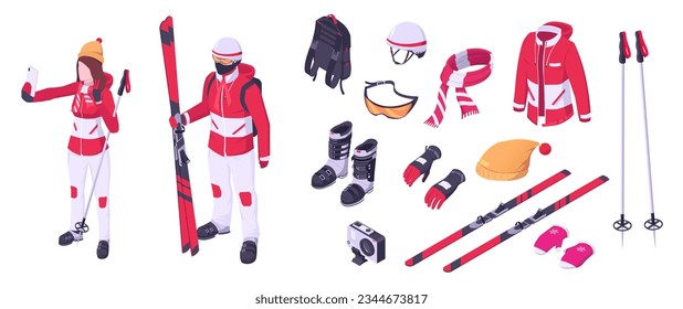Skier equipment. Active, extreme winter sport. Cartoon gear concept. Vacation with snowboard. Speed lifestyle. Skater accessories. Isolated on white background. Vector illustration