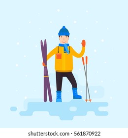Skier with equipment. Flat illustration