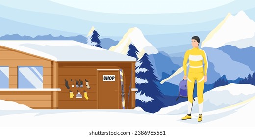 Skier equipment shop on snowy mountain slope. Picturesque scenic panoramic landscape view. High ice peak. Winter holiday resort and vacation concept. Vector illustration
