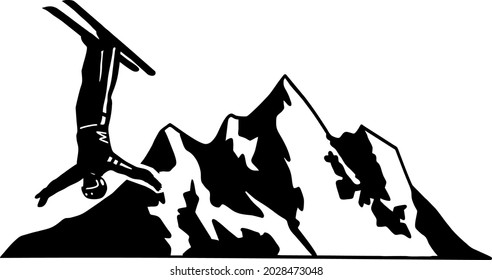 a skier flies against the background of mountains, a vector for printing and laser cutting