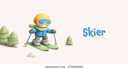 Esquiador, bosque, árboles, 3D. Hombre lindo en el carácter de los esquís, atleta profesional. Ocio de invierno, estilo de vida. Ilustración vectorial.
