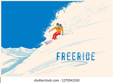 Skier freerider riding down the mountainside on skis in mountain landscape. 