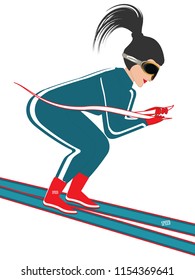 Skier - girl with long hair wearing glasses - goes down on skis -isolated on white background - flat style - vector