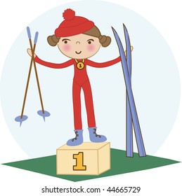 Skier Girl On The Winner Podium. Vector Illustration