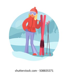 Skier girl winter sports concept. Girl with skis on natural background. Young girl skiing flat style vector. Cute blonde girl in ski goggles. 