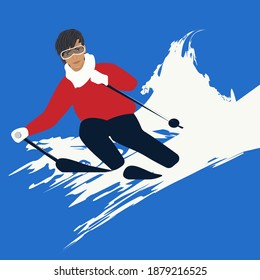 Skier in glasses descends from the mountain - abstract background, brush stroke - art, vector. Winter sport.