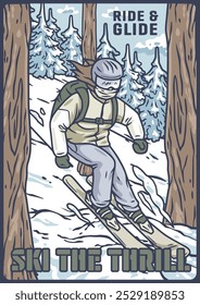 Skier is gliding through a snowy forest, enjoying the thrill of the descent. The retro style illustration captures the energy and excitement of skiing