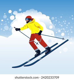 A skier goes down the hill. A man skiing in the mountains. Vector hand drawn illustration.