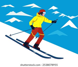 A skier goes down the hill. A man skiing in the mountains. Vector hand drawn illustration.