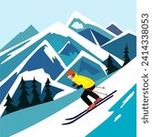 A skier goes down the mountain. A man skiing in the mountains. Vector hand drawn illustration.