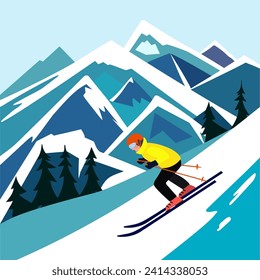 A skier goes down the mountain. A man skiing in the mountains. Vector hand drawn illustration.