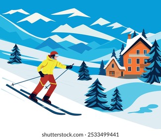 A skier goes down the mountain. A man skiing in the mountains. Ski resort in the mountains. Vector hand drawn illustration.