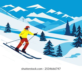 A skier goes down the mountain. A man skiing in the mountains. Ski resort in the mountains. Vector hand drawn illustration.