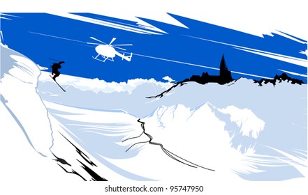 skier goes down from snowy mountain peaks