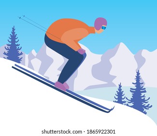 Un esquiador va cuesta abajo en los esquís. Ilustración de material vectorial plano. Esquí cuesta abajo desde una montaña nevada. El concepto de deportes extremos, esquí. Esquiador atleta, ilustración con esquí de descenso