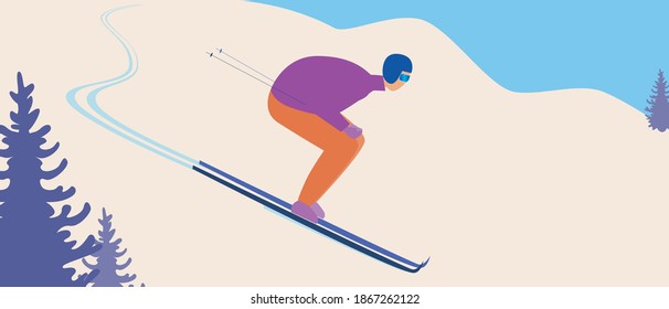 A skier goes downhill skiing at a ski resort. Flat vector stock illustration, copy space. Vintage downhill skiing. Retro banner or template with copyspace, skier in helmet, goggles with skis and poles