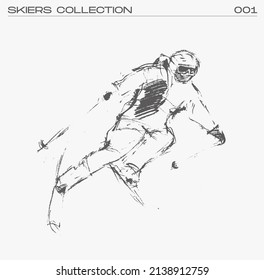 Skier going down the mountain, hand drawn vector illustration, sketch