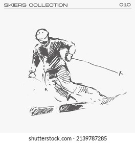 Skier going down the mountain, hand drawn vector illustration, sketch