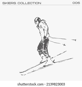 Skier going down the mountain, hand drawn vector illustration, sketch