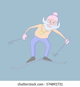 Skier grandfather. Elderly winner. Champion.