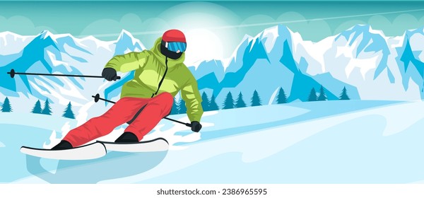 Skier in green jacket doing outdoor activity, slalom and ski freestyle ride. Scenic mountain landscape, extreme sport. Winter holiday resort. Pine forest, high peak and downhill. Vector illustration