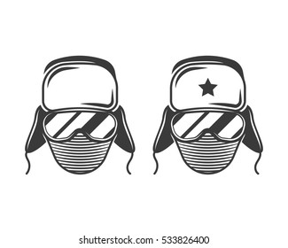 Skier head in ski glasses and winter hat with ear flaps and bandage isolated vector logo template for skiing club. Design elements for logo, label, emblem.